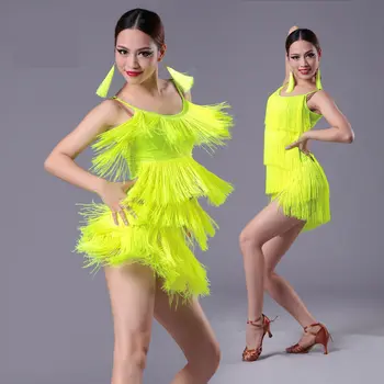 Dievčatá Latinské Tanečné Šaty Dospelých Strapec Latinskej Sála Kostýmy Tango Samba Tanečné Šaty Sála Fringe Šaty Cha Cha Kostýmy