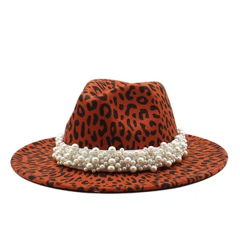 Vlnené leopard klobúk dámy pearl plochý okraj veľký okraj klobúka jeseň a v zime pár klobúk Panama jazz klobúk veľkoobchod