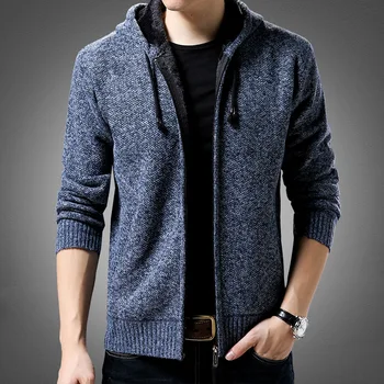 #5914 Zimné Hrubé Teplé Fleece Sveter Kabát Muži Stoja Golier Bežné Slim Hooded Sweater Mens Sveter Knitwear Kórejský Móda