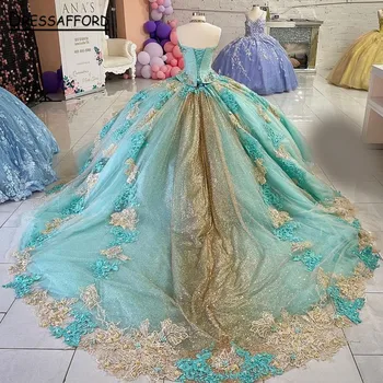 Princezná Šampanské plesové Šaty, Quinceanera Šaty Korálkové Appliques Sweet 16 Šaty vestidos de 15 anos