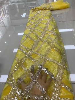 2022 Luxusné Ťažké Korálkové Flitrami Čipky Textílie 5 Metrov Nigérijský 3D Výšivky Žltá Oka Textílie, Čipky Pre Svadobné Šaty, Šitie