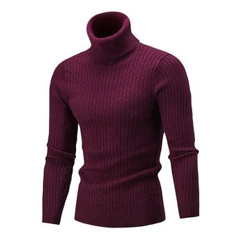 Muži Turtleneck Teplé Slim Fit Sveter Rebrovaný Pletený Pulóver Top Dlhý Rukáv Pure Color Knitwear