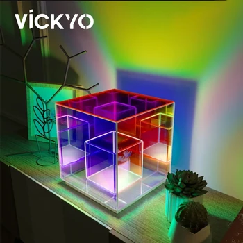 VICKYO Kocka Nočné Svetlo 3D Color Box Atmosféru Svetlá Akryl Led stolná Lampa Pre Spálne, Obývacia Izba, herňa Party Dekorácie