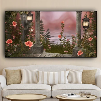 Diamond Súpravy Maľovanie Pink Rose Garden Krajiny 5D DIY Diamond Výšivky Krásne Scenérie Cross Stitch Wall Art Domova