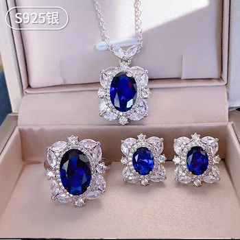 Luxusné Zafír, Diamant Šperky nastaviť Pôvodné 925 Sterling Silver Strany, Snubné Prstene, Náušnice, Náhrdelník Pre Ženy Šperky
