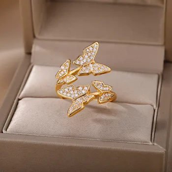 Zirkón Motýľ Otvoriť Prstene Pre Ženy, Zlatá Farba Nehrdzavejúcej Ocele Zapojenie Snubný Prsteň Ženské Šperky Darček K Narodeninám
