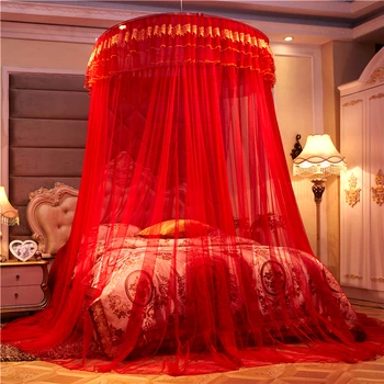 Romantický Čínske Červené medové týždne Princezná Kolo Mosquito Net dvojvrstvové Čipky Posteľ Stanu Baldachýn Skladacie Dome Komár Sieťovina#sw