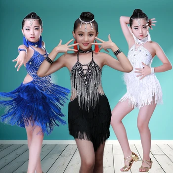 2017 Výkon Ženy Tanečné Oblečenie Salsa Kostým deti strapec súťaže šaty Sála Súťaže latinskej Sequin Šaty