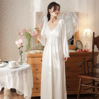 Sexy Čipka Spájať Bavlna Sleepwear Viktoriánskej Noc Šaty Ženy Biele Dlhý Rukáv Peignoir Vintage Nightgowns Princezná Oblečenie Pre Voľný Čas