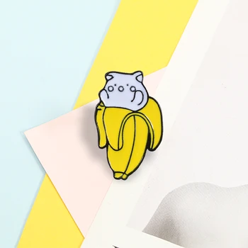 Mačka Banán Smalt Kolíky Roztomilý Ovocia, Zvierat, Brošne Batoh Denim Tričko Golier Klopě Pin Odznaky Cartoon Mačiatko Šperky pre Ženy