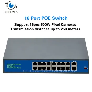 16 POE Port Siete Ethernet Switch+2 Port Gigabit Uplink Rýchly Switch s Kovovým plášťom Pre IP CCTV Monitoring Kamerou Moc 250M