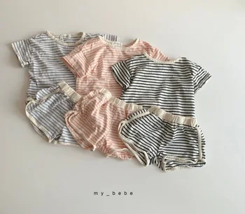 2021 Letné Krátke Rukávy Vyhovovali Čisté Voľné T-shirt Šortky Dvoch-Dielny Set baby dievča oblečenie, detský oblečenie dievčatá Prekladané Voľný čas