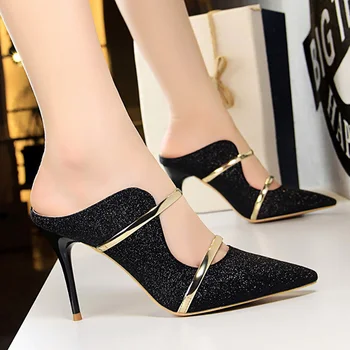 Sequin Vysoké Podpätky Ženy Čerpadlá Papuče Sexy Party Topánky Gold Silver Sandále Stiletto Zapatos De Mujer