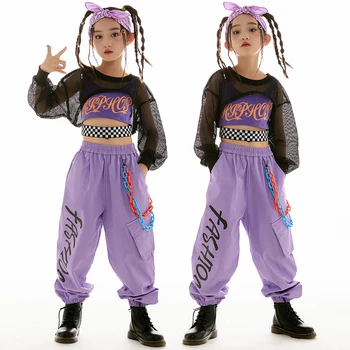 2022 Deti Hip Hop Tanečné Oblečenie fialová Cargo Nohavice Čierna Čistá Topy Pre Dievčatá Jazz Spoločenský Tanec Oblečenie Fáze Kostým BL9580