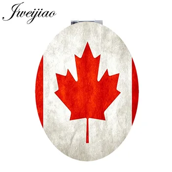 JWEIJIAO Javorový list rastlín Skladacie Oválne PU Prenosné kožené zrkadlo Kanada vlajka Dizajn, Dekorácie Mini Ruky Zrkadlo pre dievčatá QF397