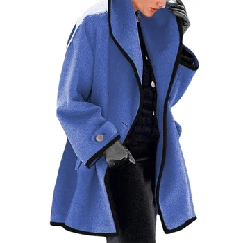 7 Farby Jesene Ženy Vlnené Kabát 2021 Zimné Ležérne Módne Golier Dlhá Bunda Cardigan Office Lady Kabáty s Kapucňou 5XL