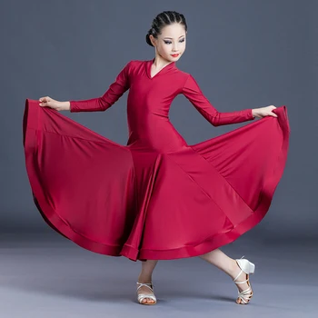 Červená Sála Tanečné Šaty Dievčatá Prom Tango Valčík Tanečné Šaty, Kostým Súťaž Dlhý Rukáv Šaty Výkon Nosenie VDB4816