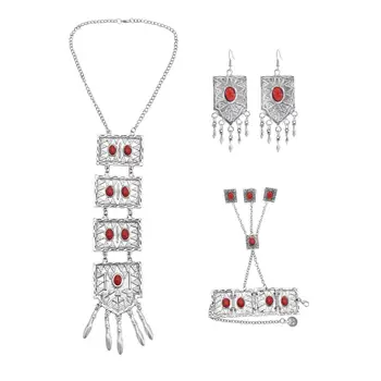 Cigán Vintage Červený Modrý Kameň Geometrické Náhrdelníky, Náušnice, Náramky, Súpravy pre Ženy Boho Afganskej tureckej Strany, Súpravy Šperkov