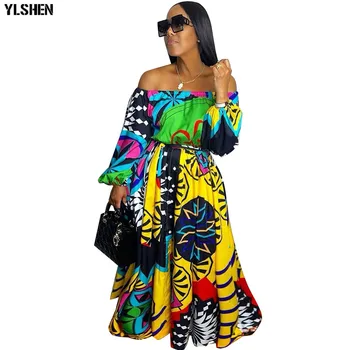 Africkej Tlače Šaty pre Ženy 2021 Dlhý Rukáv Maxi Šaty Afriky Oblečenie Dashiki Sexy Mimo Rameno Šaty Župan Africaine Femme