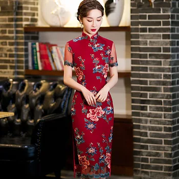 Elegantné Mandarin Golier Výšivky Šifón Qipao Čipky Krátky Rukáv Cheongsam Tradičné Retro Čínske Ženy Šaty